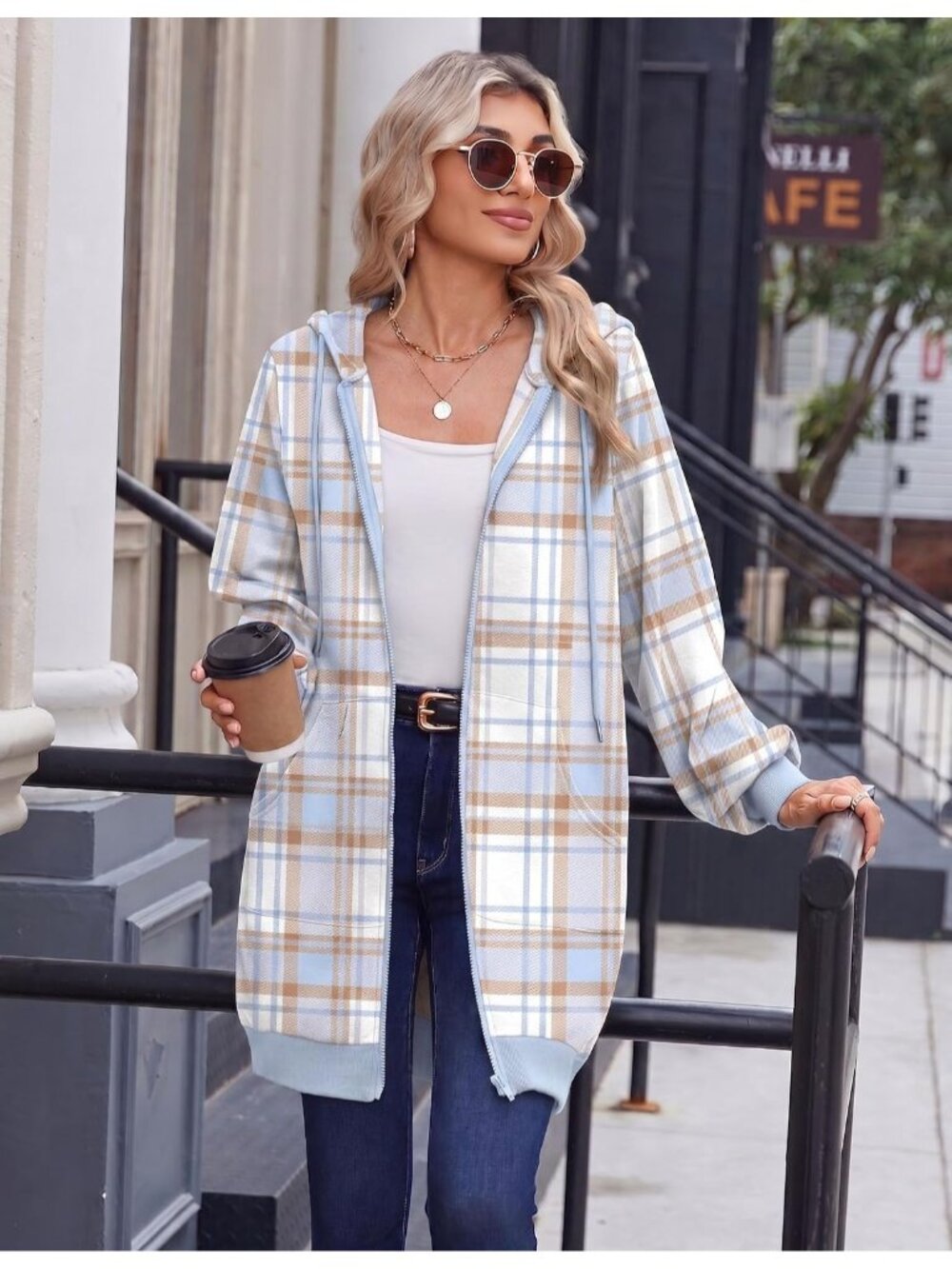 Women's White Blue Plaid Oversized Fleece Hoodie Full Zip Pocket Jacket Top - Picture 3 of 6